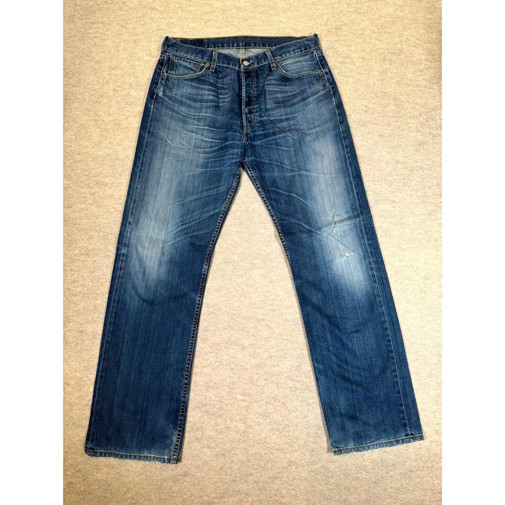 Levis 501 Jeans Mens 36x34 Blue Whiskering Denim Cotton Mid Rise Straight Leg